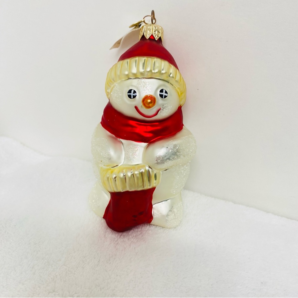 Department 56 Vintage Festive Snowman Holding a Red Stocking Christmas Ornament